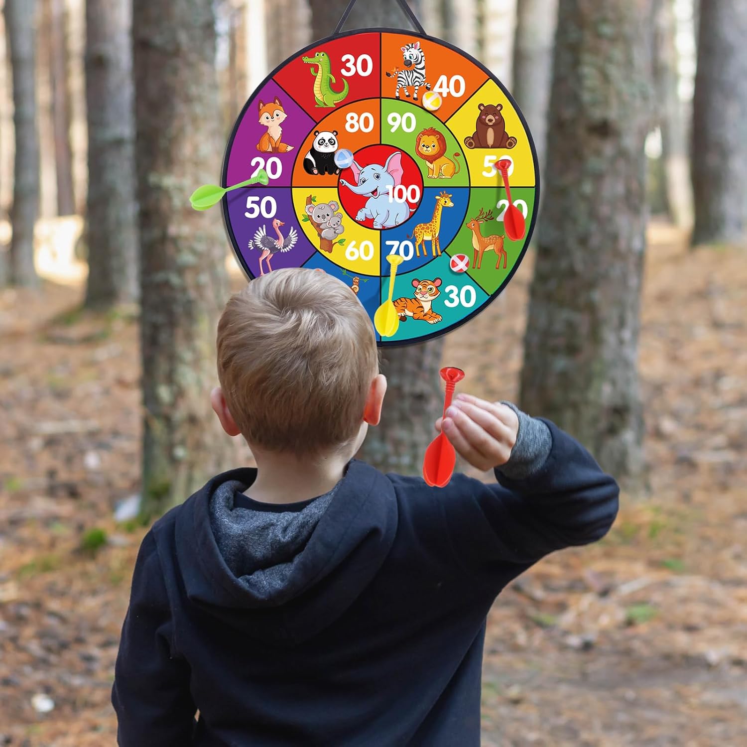 HAKOTOM Tablero de dardos para niños, con temática de animales, tablero de dardos de doble cara para niñas y niños, juguetes deportivos,