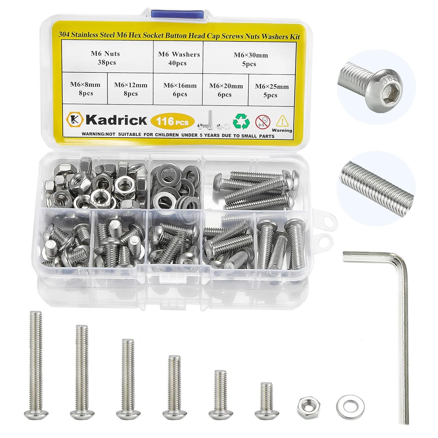 Kadrick Tornillos métricos M6 surtidos de cabeza de botón, 116 unidades, M6x8mm, 0.472 in, 0.630 in, 0.787 in, 0.984 in, 1.181 in, 1.181 in, 1.181