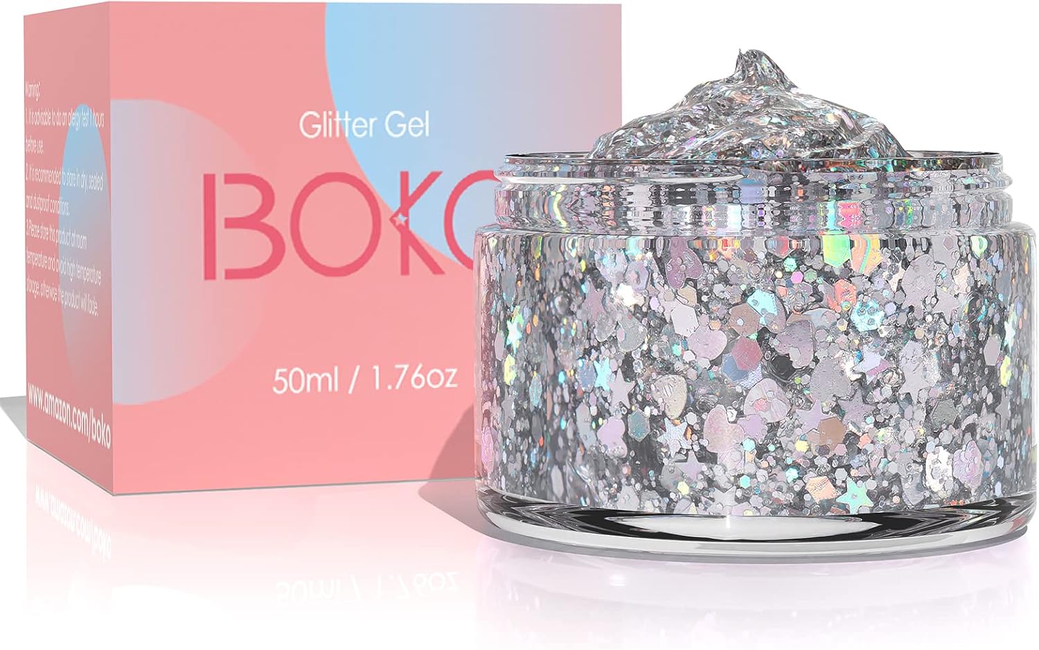 Boko Gel de purpurina corporal de 1.76 onzas, purpurina líquida plateada láser para maquillaje facial, cabello y cuerpo, ropa de festivales,