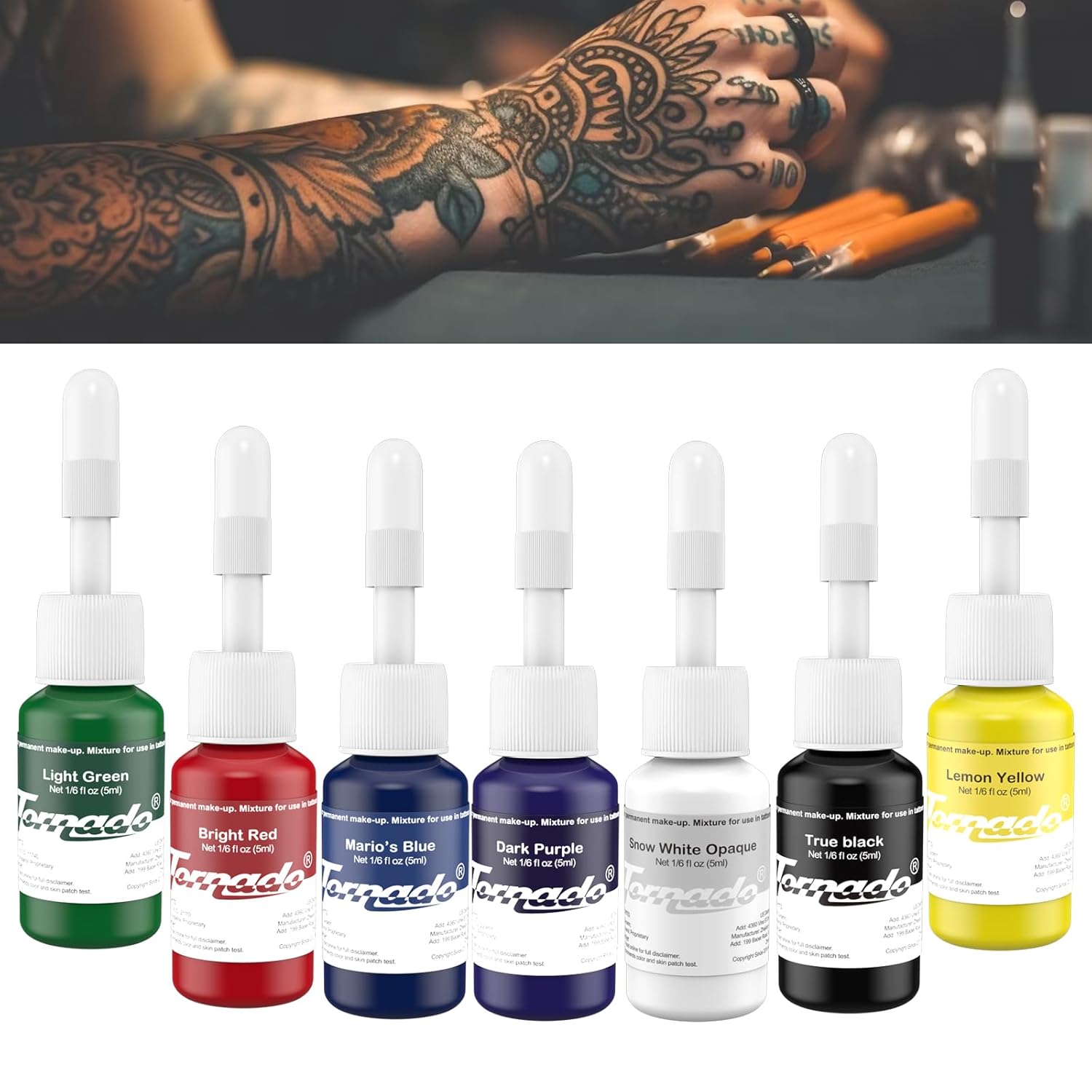 Juego de tinta de tatuaje, 7 colores de tinta de tatuaje permanente 0.2 fl oz0.18oz para suministros de tatuaje corporal TI4202-5-7