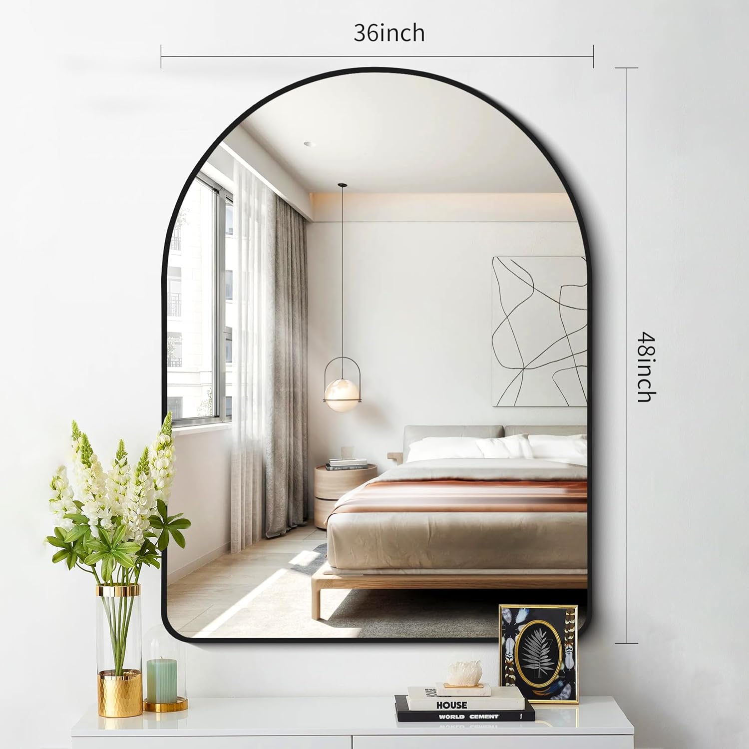 Espejo de pared arqueado, espejo de baño de 36 x 48 pulgadas, moderno marco de aleación de aluminio negro, espejo de tocador grande para dormitorio,