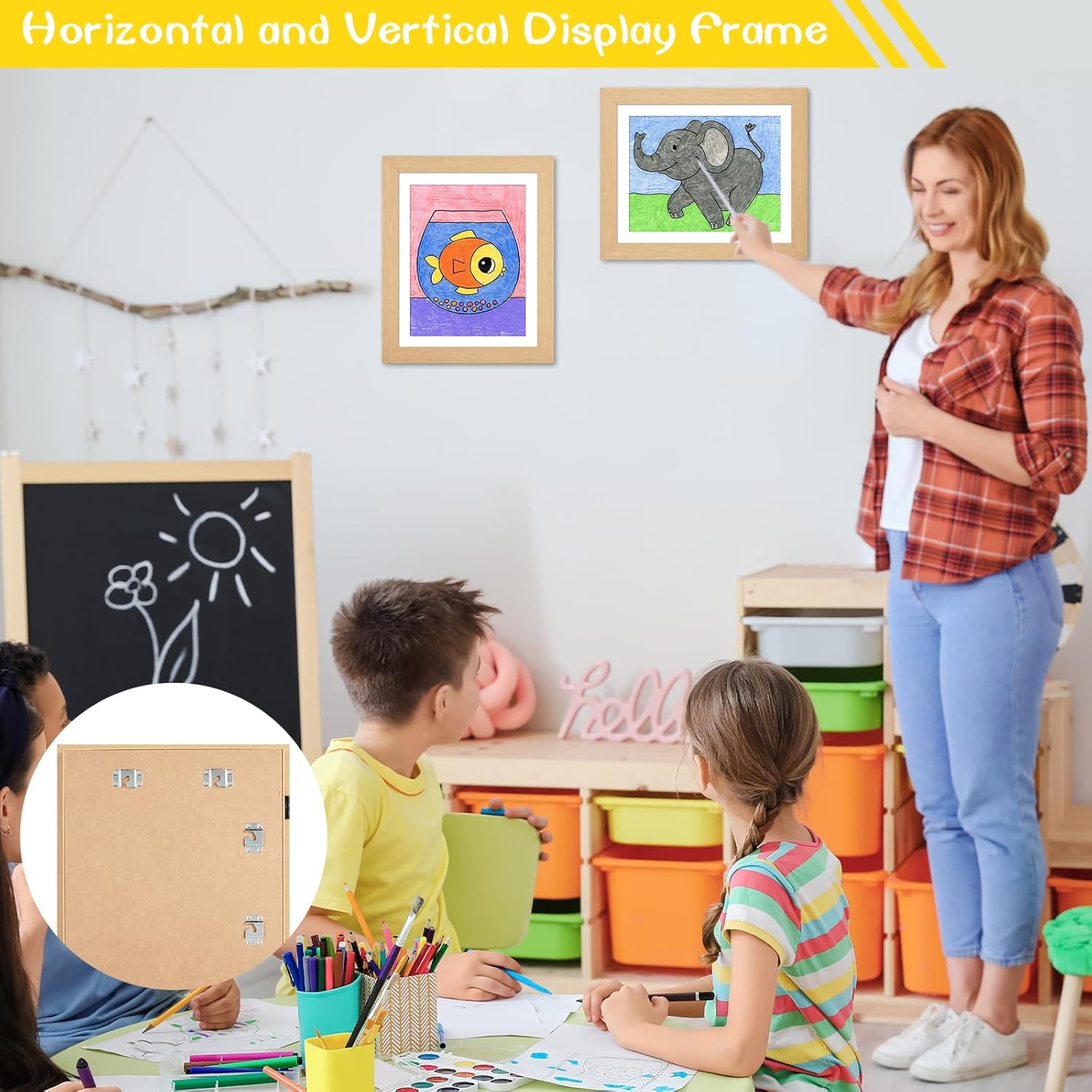 Paquete de 3 marcos de arte en grano de madera para niños, 10 x 12.5 pulgadas con paspartú, 8.5 x 11 pulgadas sin paspartú, apertura frontal