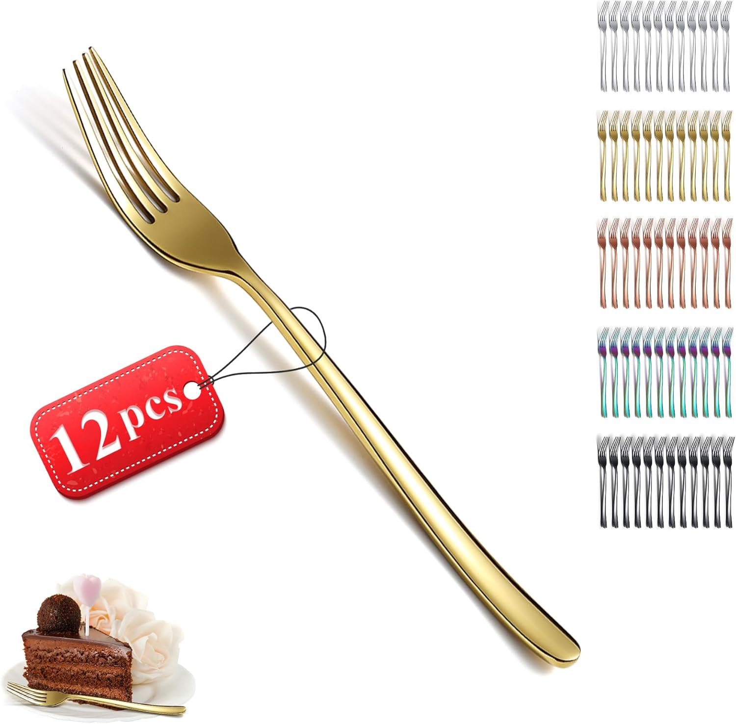 Kyraton Gold – Juego de 12 tenedores de mesa de acero inoxidable de 8.15 pulgadas para el hogar, restaurante, hotel, lavavajillas