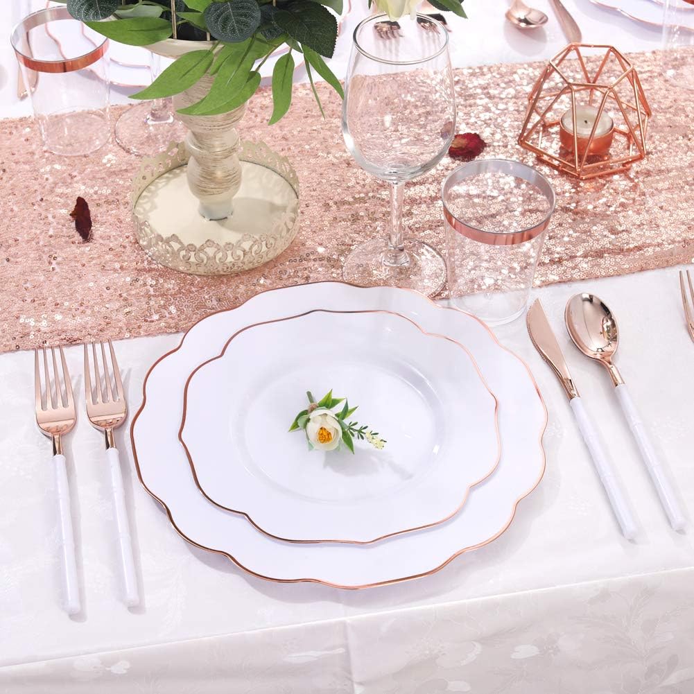 bUCLA 280 platos de plástico de oro blanco y rosa con cubiertos de plástico de oro rosa y vasos de plástico desechables y copas de champán de