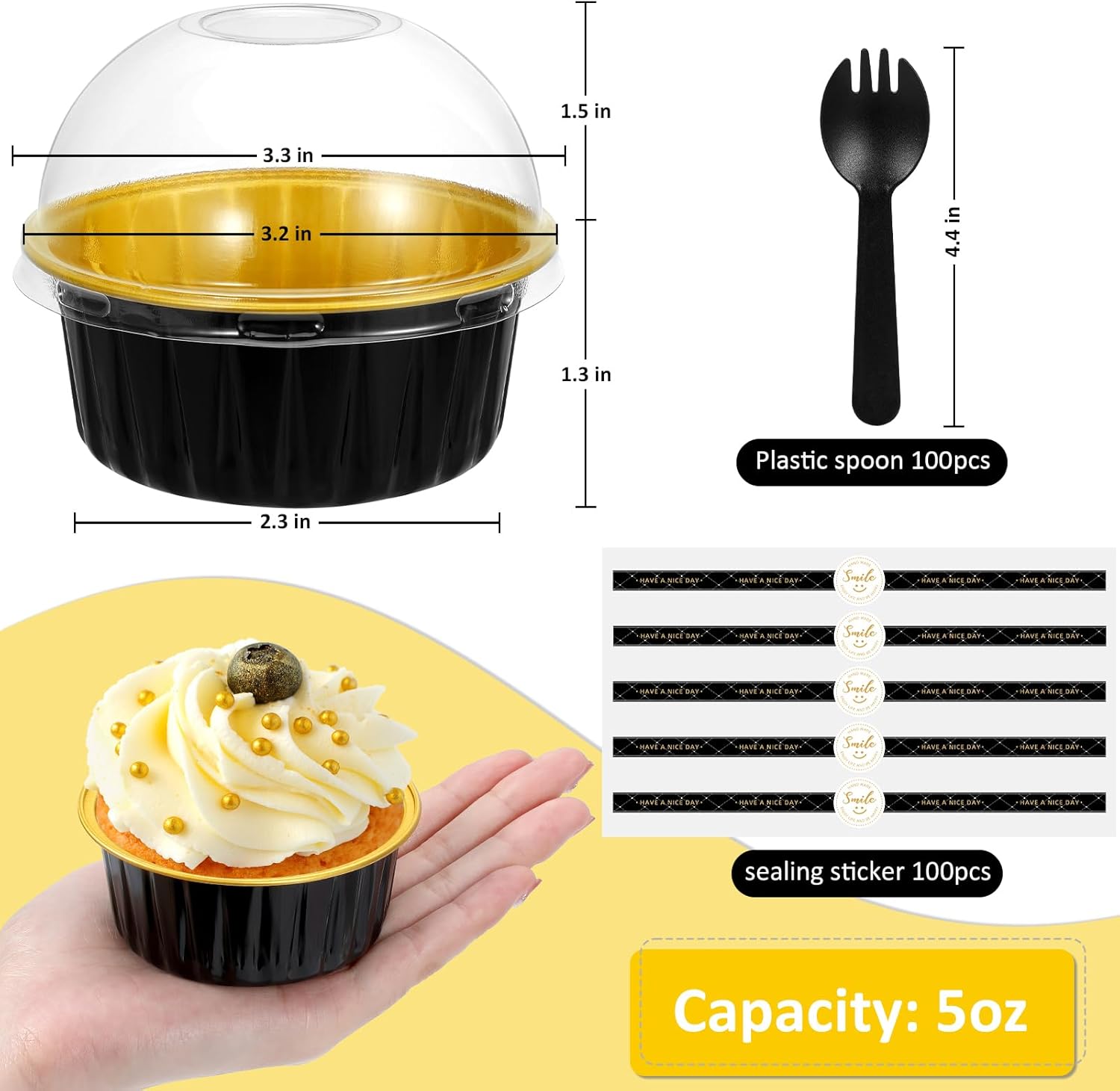 Mini moldes para pasteles con tapas y cucharas (paquete de 100 moldes negros de 5 onzas), moldes desechables redondos  Forros resistentes de