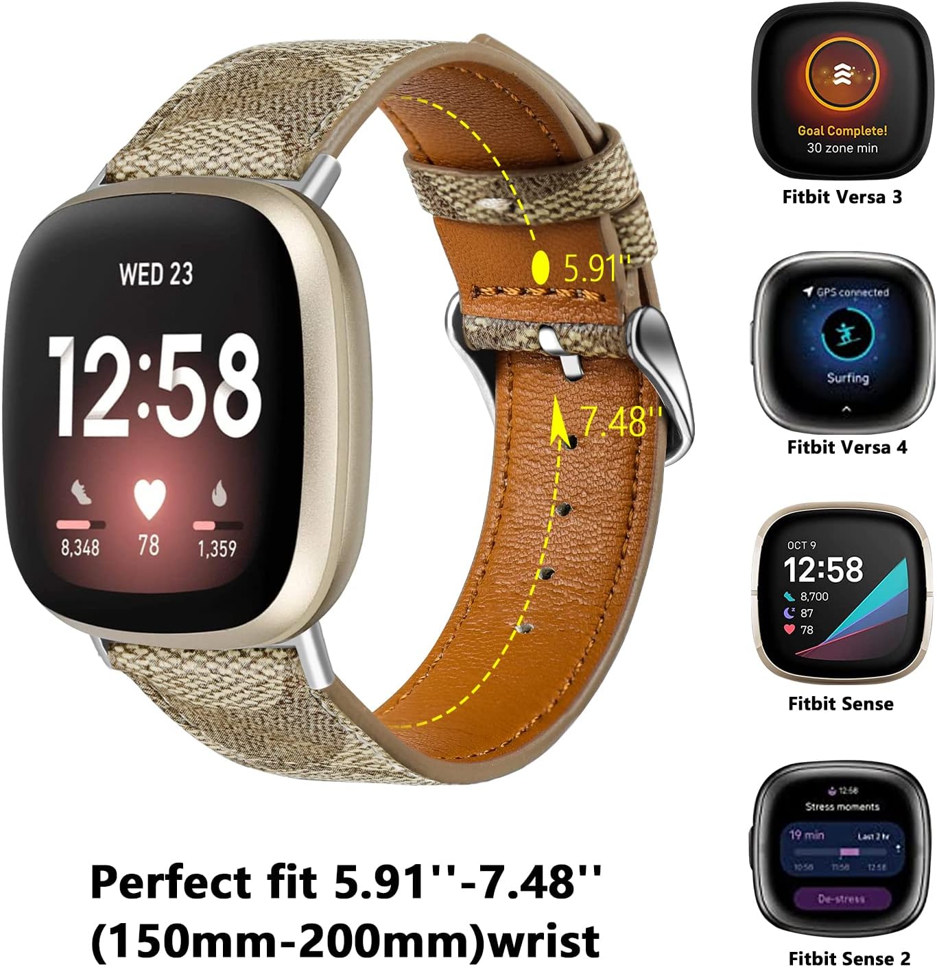 Correas de cuero compatibles con Fitbit Versa 4Versa 3Sense 2Sense, para mujeres y hombres, correa de repuesto de cuero de diseñador (marrón)