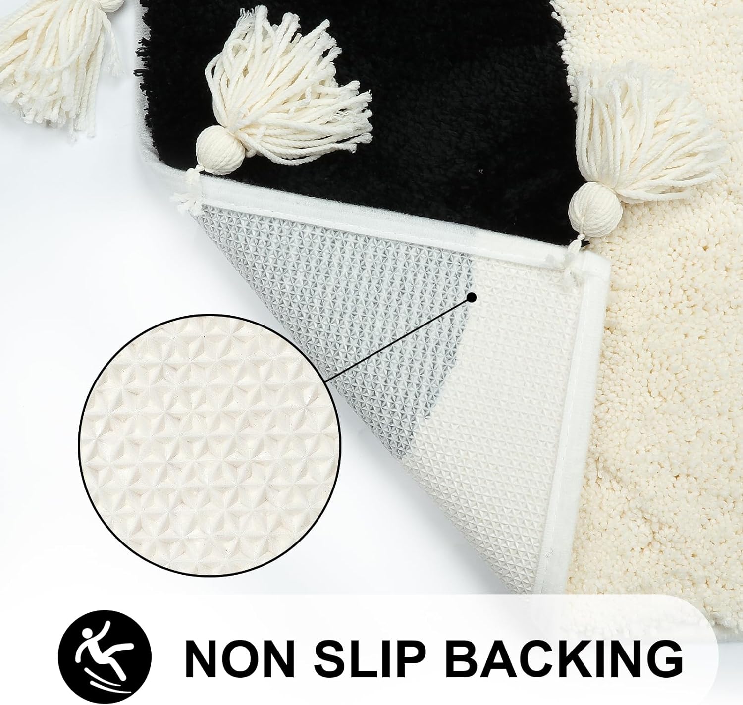 Seavish Alfombra de baño bohemia de 18 x 47 pulgadas, suave y absorbente, con borlas, color negro, larga, antideslizante, lavable, bonita alfombra