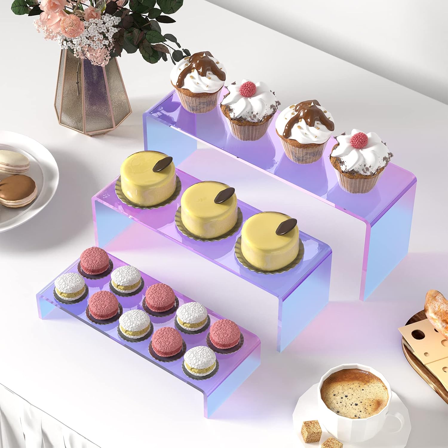Elevadores acrílicos iridiscentes para exhibición, 6 piezas de acrílico para mesa de buffet, cupcakes, joyas, coleccionables, títeres, personajes de