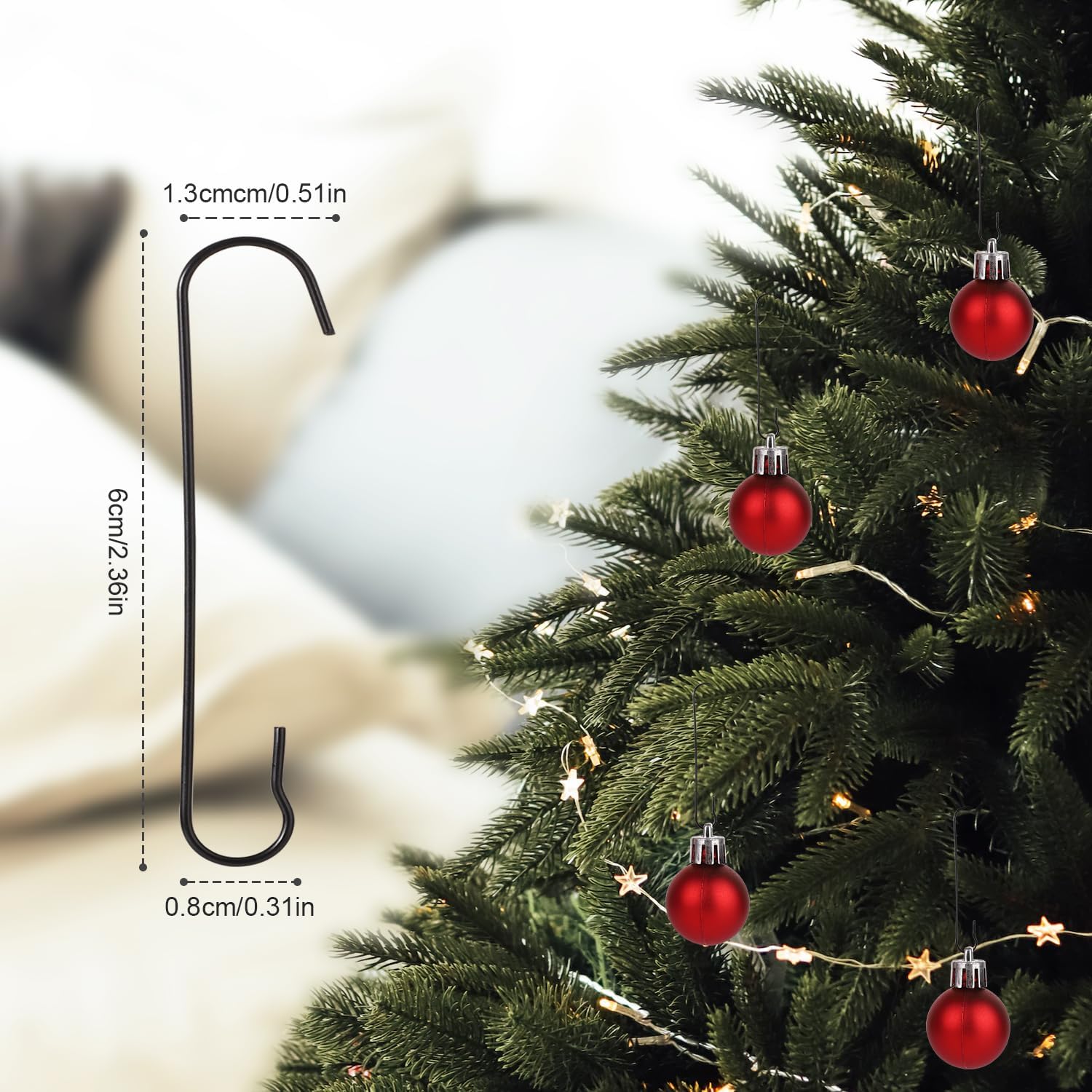 200 ganchos para adornos de Navidad, 2.4 x 0.5 pulgadas, ganchos para adornos de árbol de Navidad en forma de C con caja de almacenamiento, ganchos