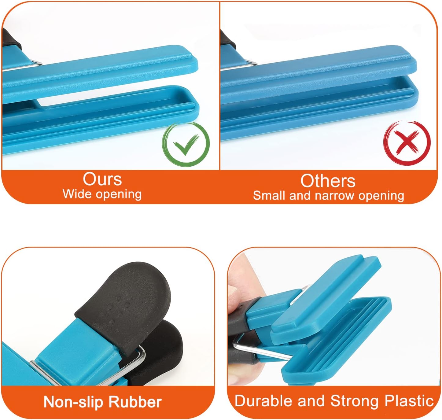 TACGEA Clips para chips, paquete de 8 clips para alimentos, clips amplios abiertos para bolsas para almacenamiento de alimentos con agarre hermético