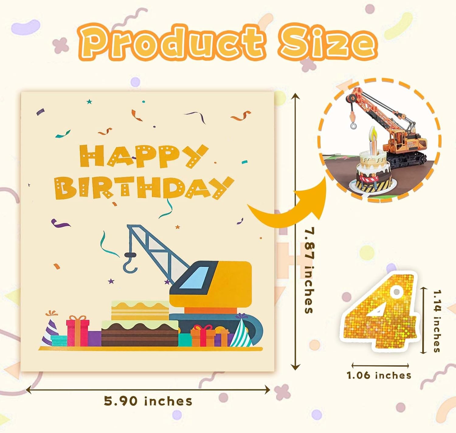 DTESL Tarjeta de felicitación 3D de 4 cumpleaños con luz y música, tarjeta de camión grúa para niño, sobrino, nieto, hijo, niño pequeño, con sobre,