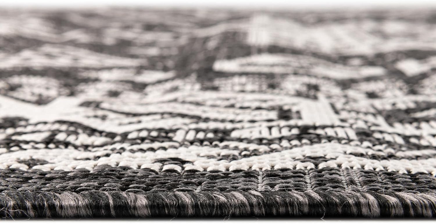 Rugs.com Outdoor Aztec Collection Alfombra  4 x 6 pies alfombra de tejido plano gris carbón perfecta para salas de estar, grandes comedores, planos