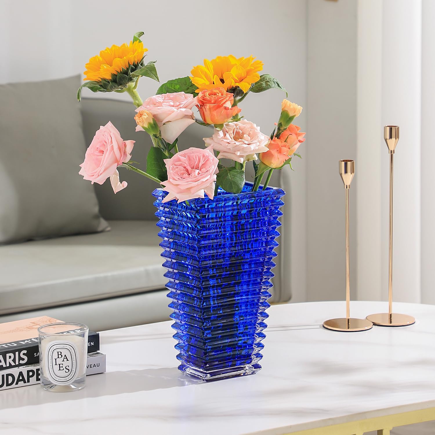 Jarrón de cristal, jarrón de vidrio azul, jarrón de vidrio resistente, jarrones para centros de mesa, florero grande, jarrón de vidrio grande,