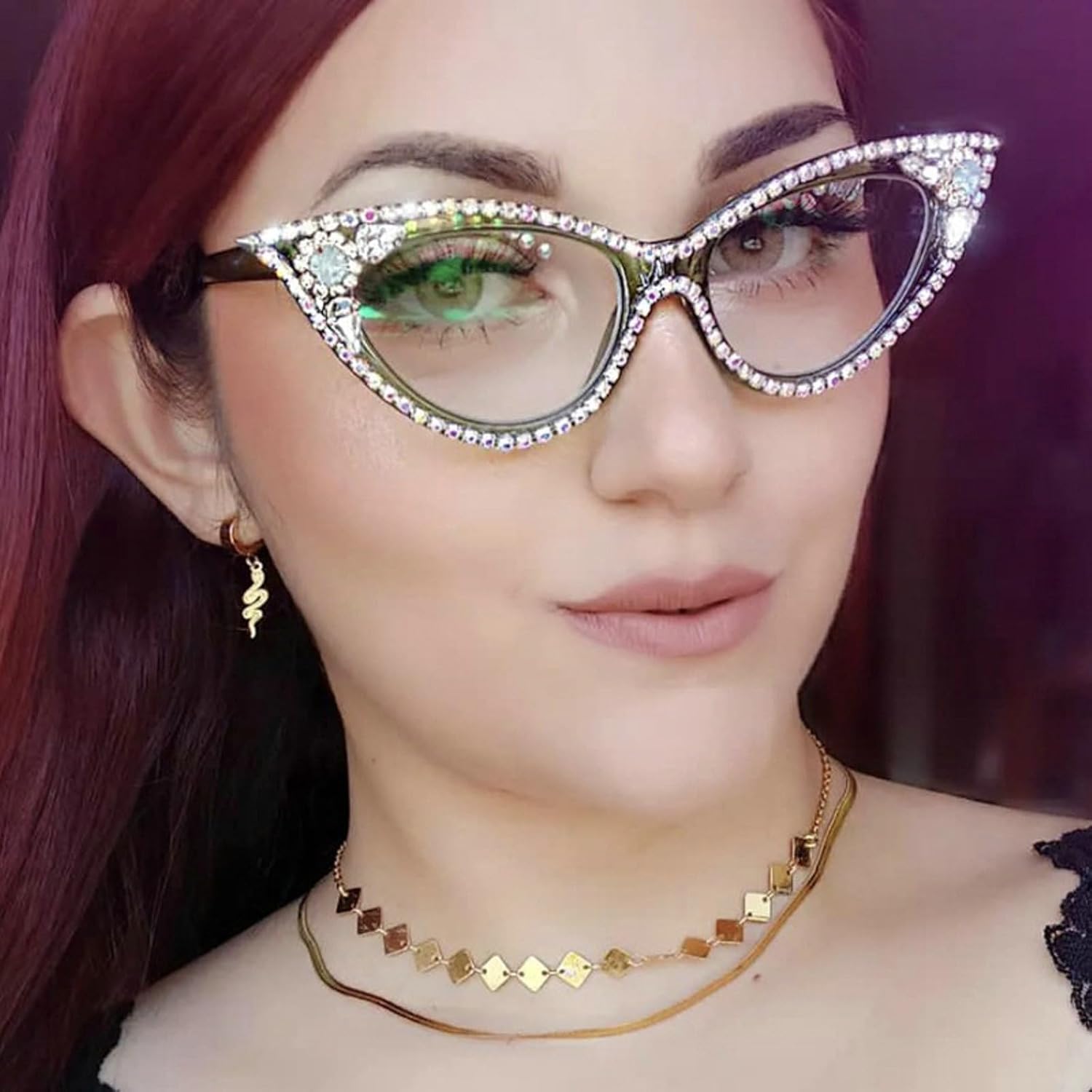 mincl Lentes de diamantes de imitación anti luz azul para mujer con diamantes de ojo de gato, gafas de computadora antifatiga
