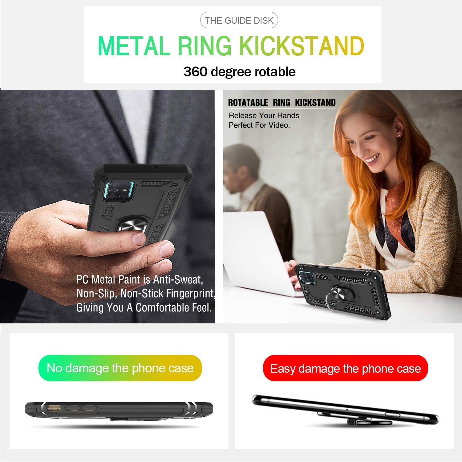 TJS Funda compatible con Samsung Galaxy A51 5G (no compatible con Galaxy A51 4G), con protector de pantalla de vidrio templado, anillo de metal,