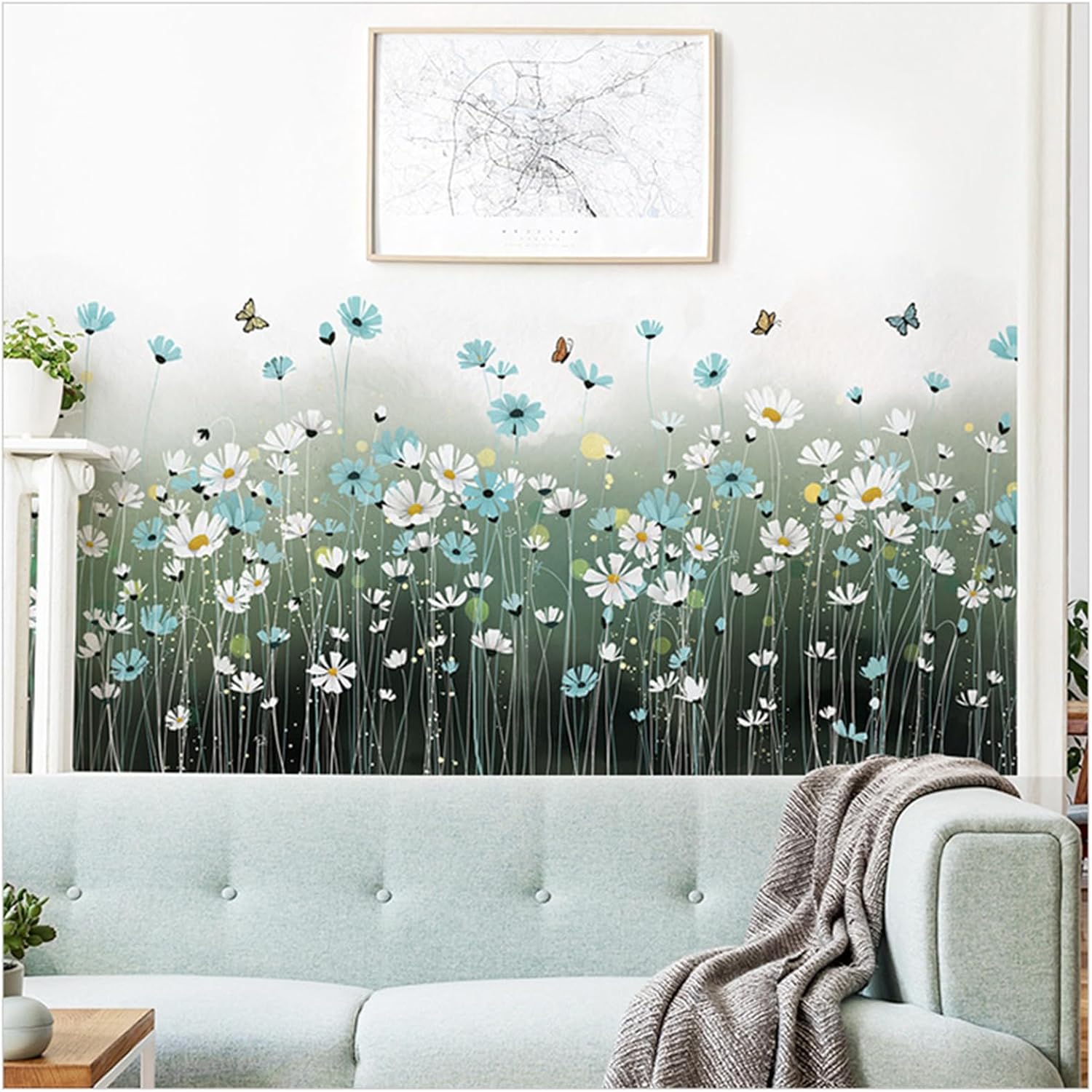 HINIHAO Decoración de pared de fondo de sala de estar, hojas verdes, plantas, flores, decoración de pared, diseño de habitación, calcomanía mural