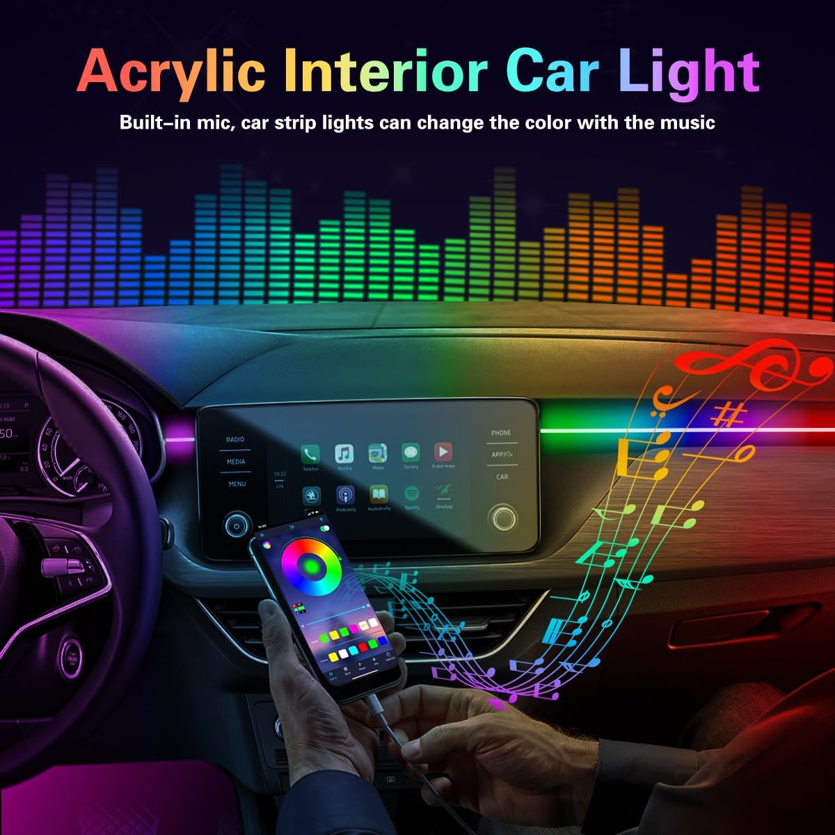 Tira de luces LED de acrílico para interiores de automóvil, 10 en 1, Dreamcolor, kit de iluminación ambiental para automóvil con aplicación