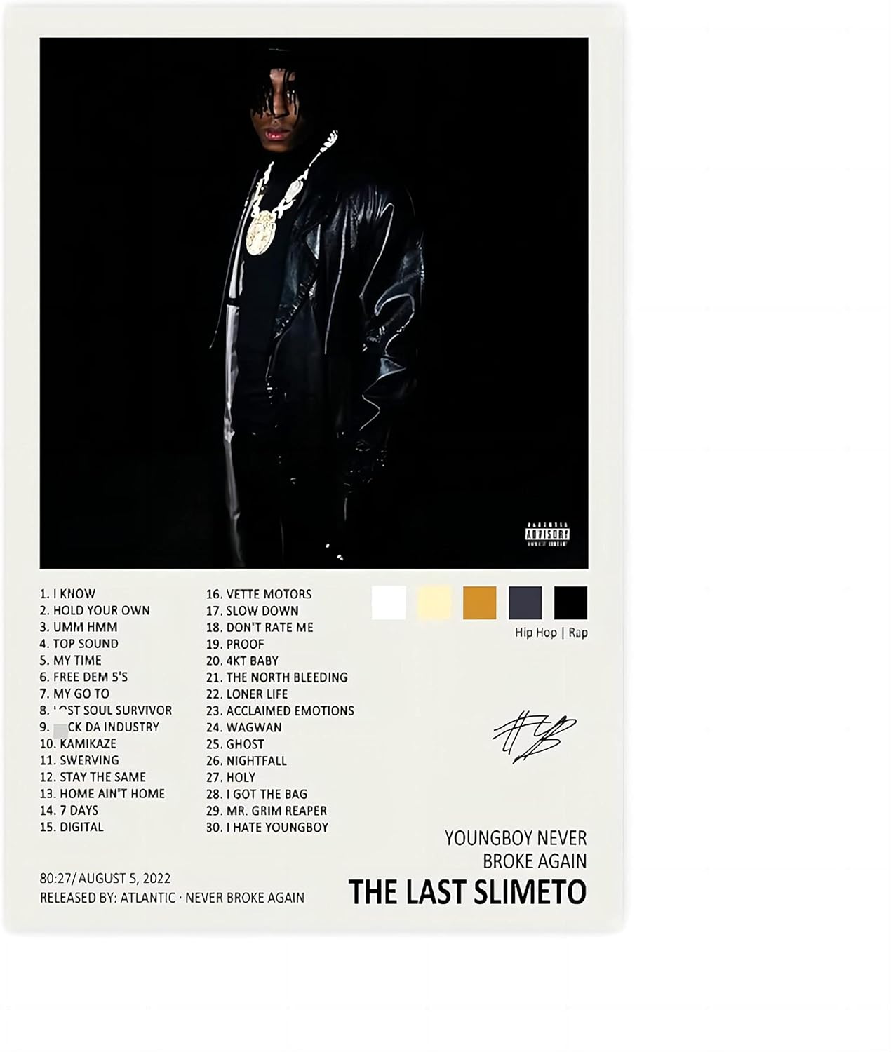 TOBIANG Póster de Youngboy The Last Slimeto – Póster de la portada del álbum de música firmado limitado, póster de lienzo para decoración de pared,