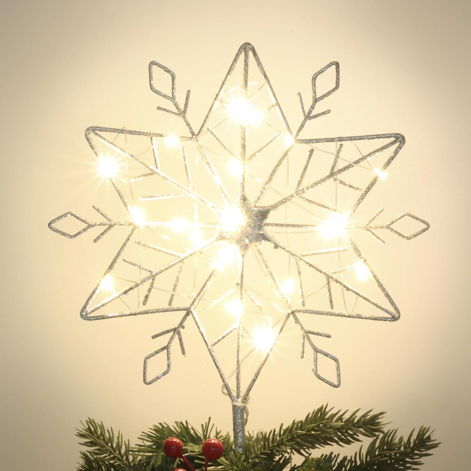 PHITRIC – Decoración para árbol de Navidad, decoración de árbol de nieve plateada iluminada de 10 pulgadas, 20 luces LED plateadas, decoración de