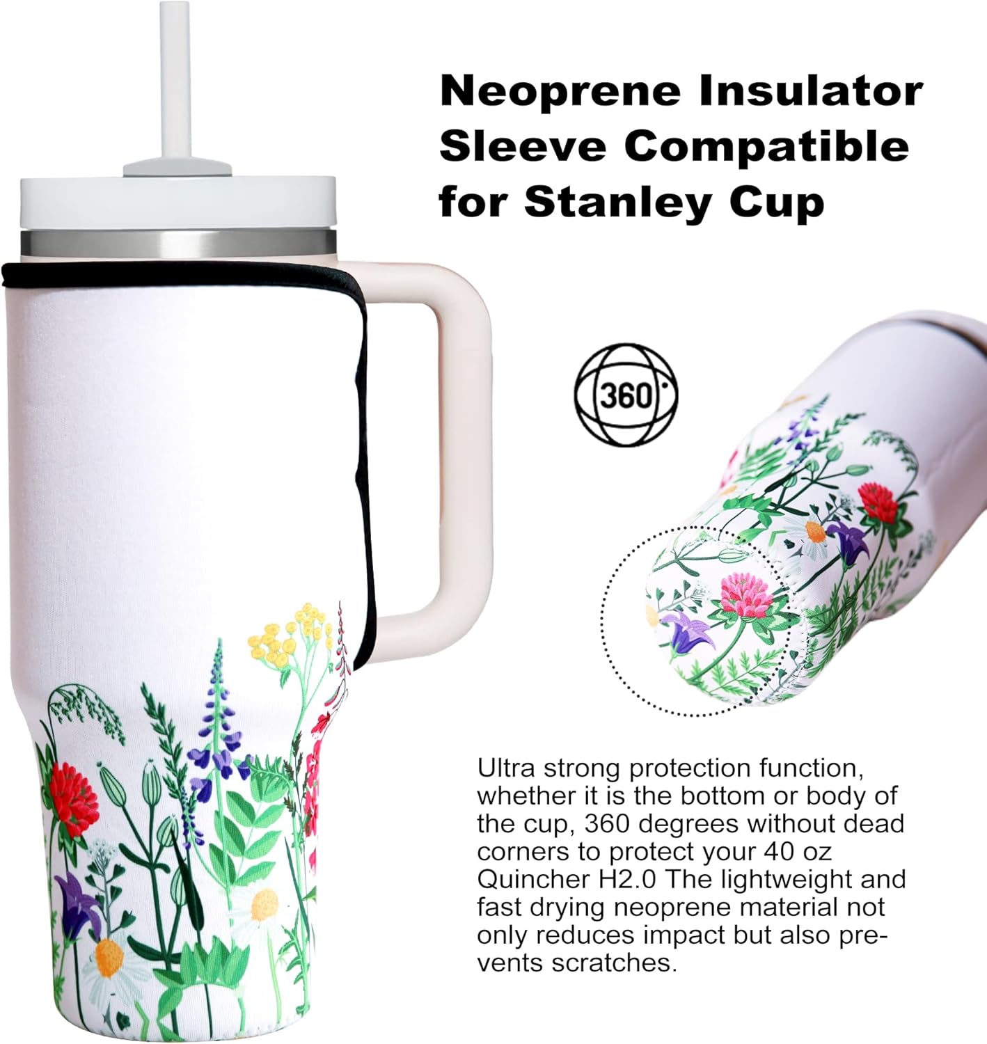 Funda aislante de neopreno compatible con vaso Stanley de 40 onzas con asa, Stanley Quencher H2.0 FlowState, Wild Floral