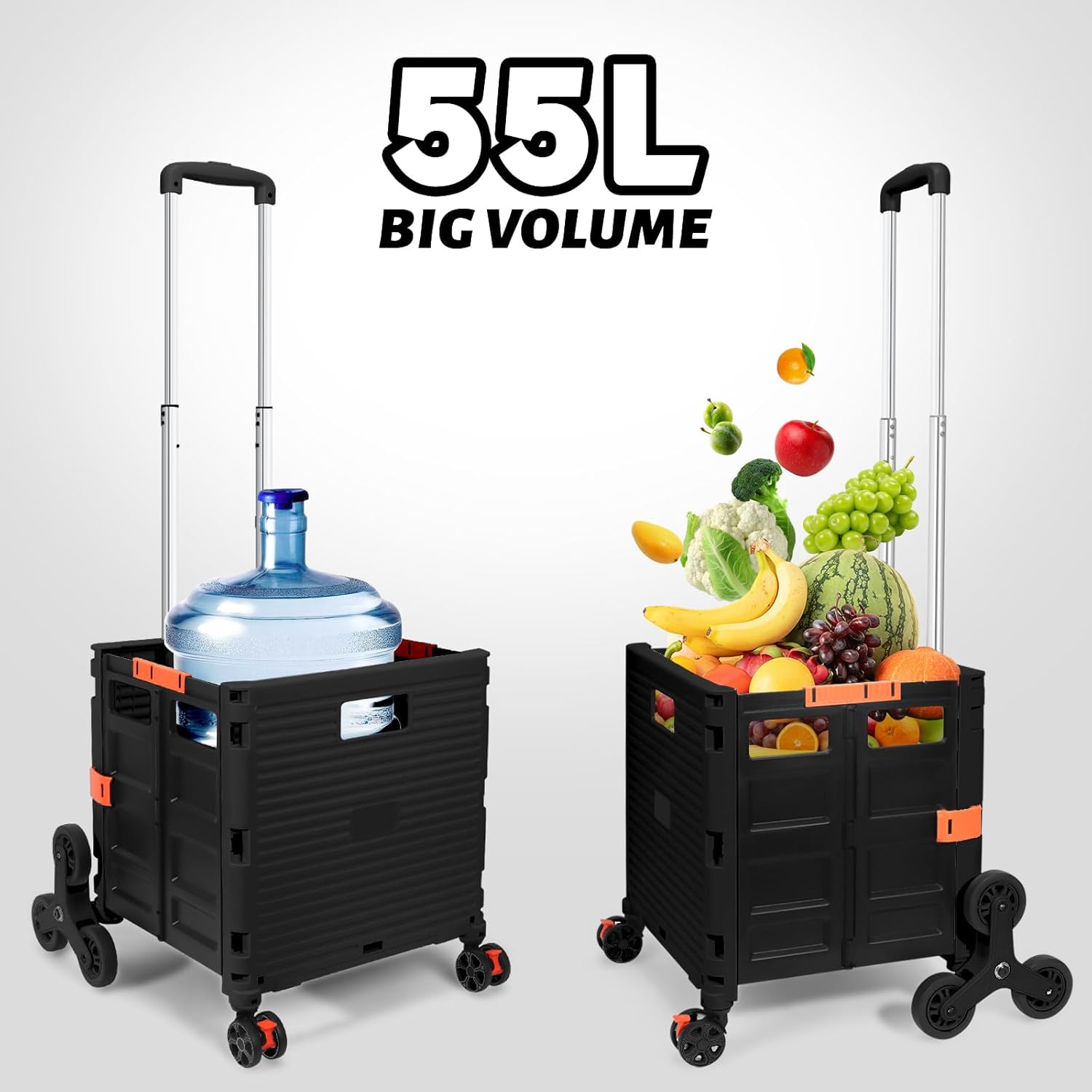 FELICON SELORSS – Carrito plegable portátil con ruedas para subir escaleras y ruedas giratorias de 360, mango telescópico, caja de plástico para