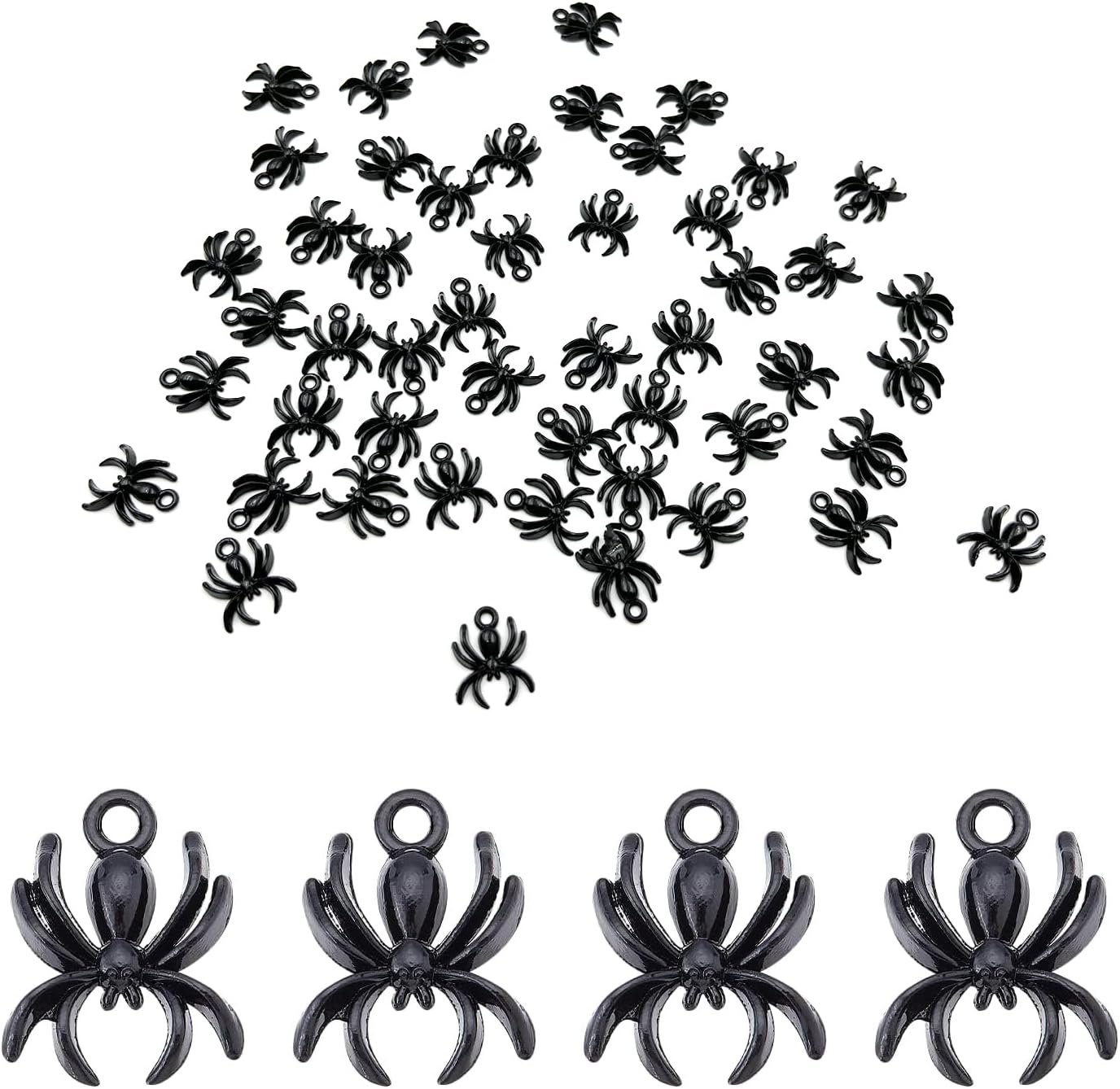 50 cuentas de araña, cuentas de araña de Halloween, aleación de araña negra gótica, cuentas de animales de metal plano para hacer joyas, llavero,
