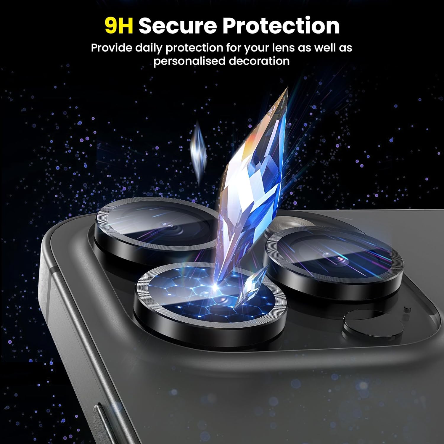 Tensea Protector de lente de cámara para iPhone 15 ProiPhone 15 Pro Max, protector de pantalla de vidrio templado 9H, anillo individual de metal