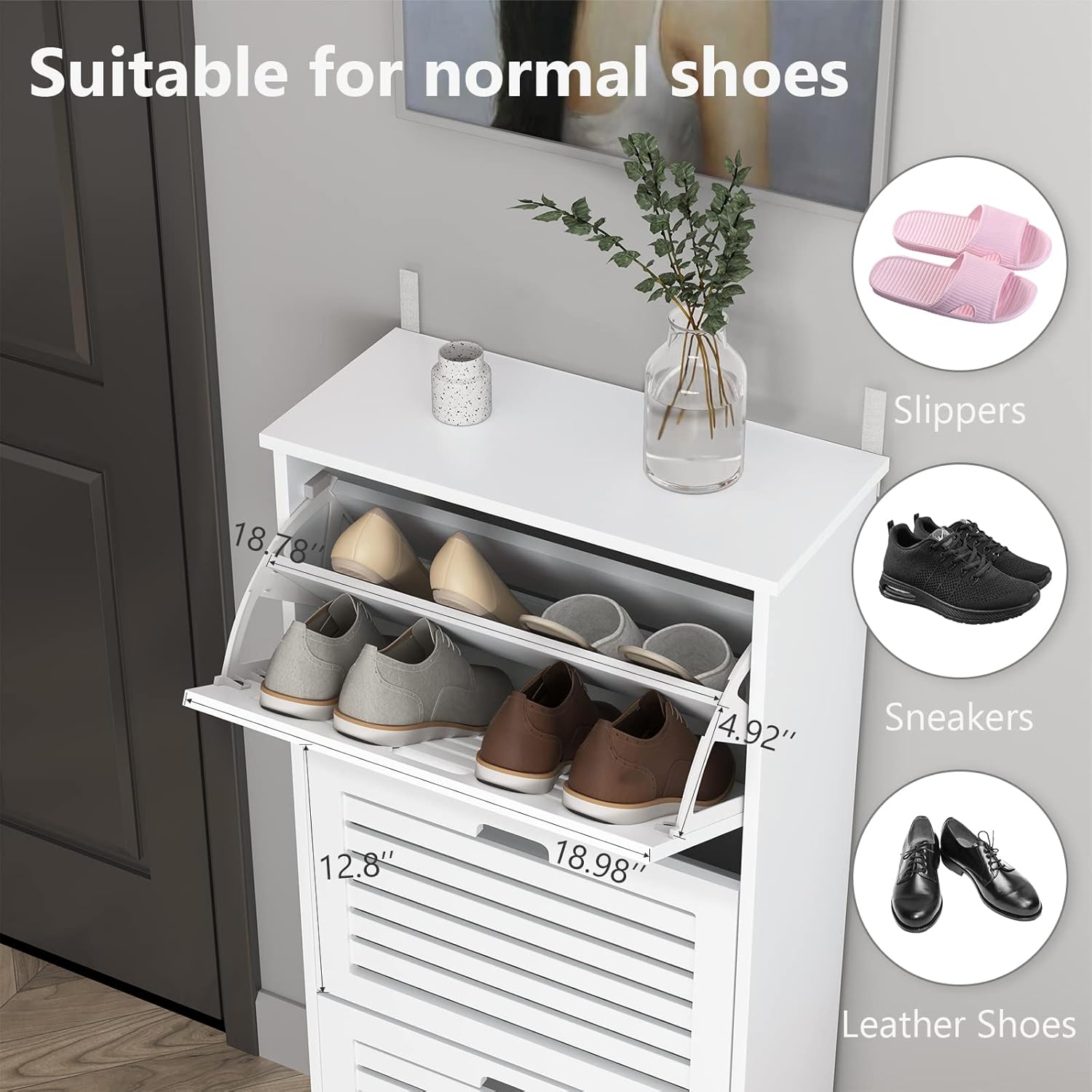 Hommoo Armario de almacenamiento de zapatos blanco con puerta de 3 listones abatibles, armario estrecho para zapatos con estante ajustable, gabinete