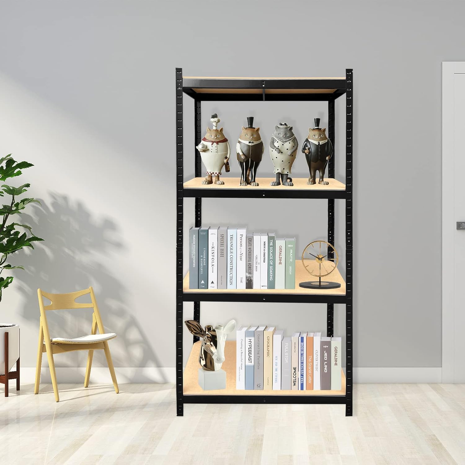 Estante de metal negro, 63.78 x 31.5 x 15.75 pulgadas (HWD) estante de almacenamiento, unidad de 4 capas – acero y MDF, componentes sin tornillos,