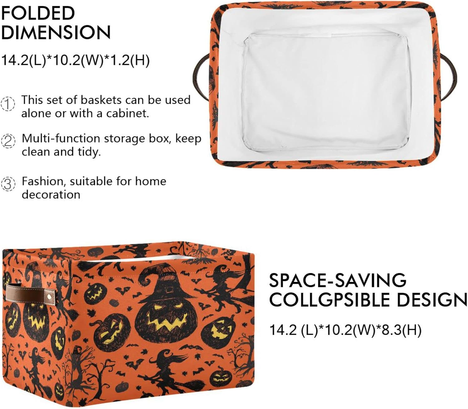 Wusikd Cesta de almacenamiento de Halloween naranja y negra, juego de 1 canasta grande de tela de calabaza y bruja, cubo con asas, plegable, estante