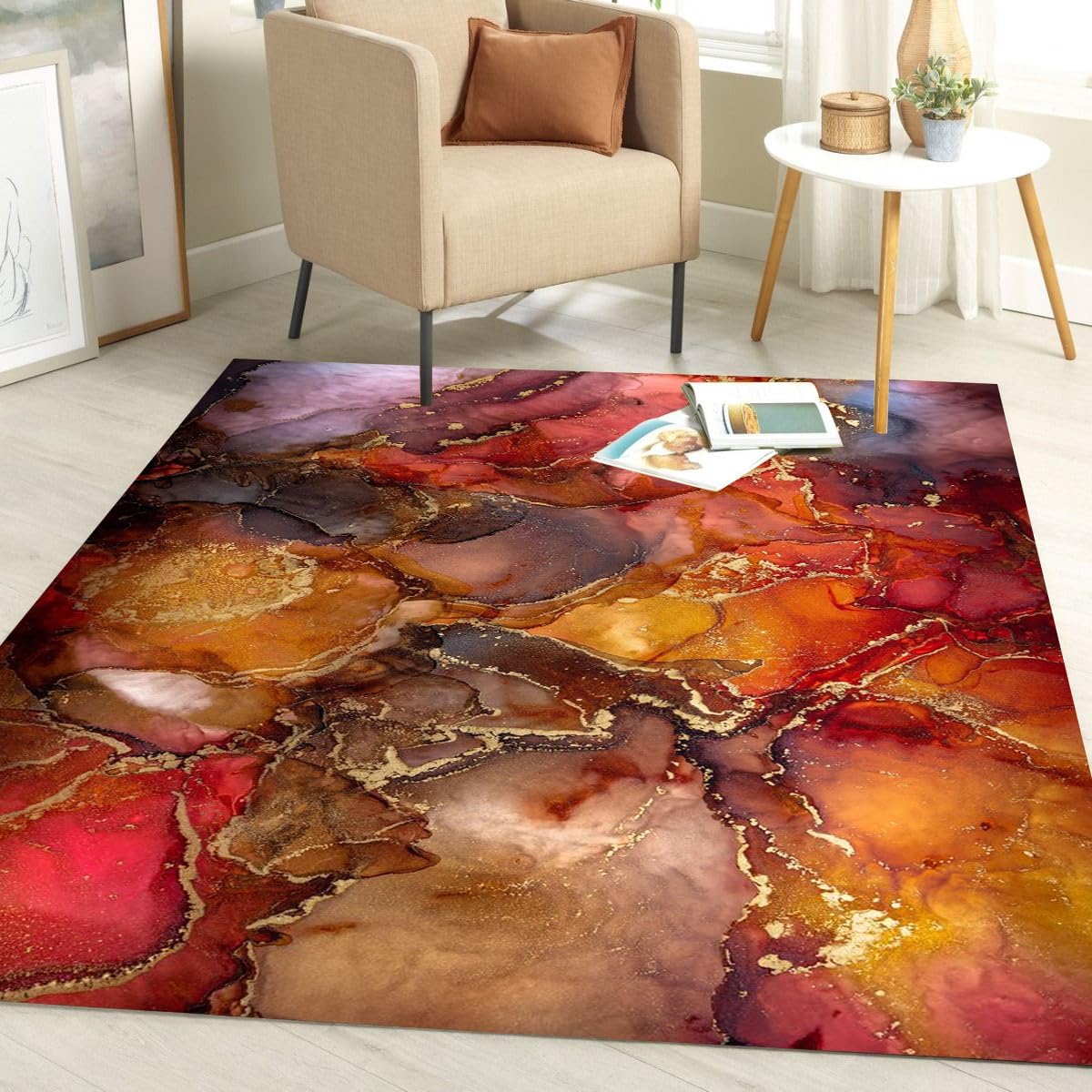 Alfombra moderna de mármol abstracto negro y naranja de 2 x 3 pulgadas, alfombra estética contemporánea para sala de estar, dormitorio, comedor,
