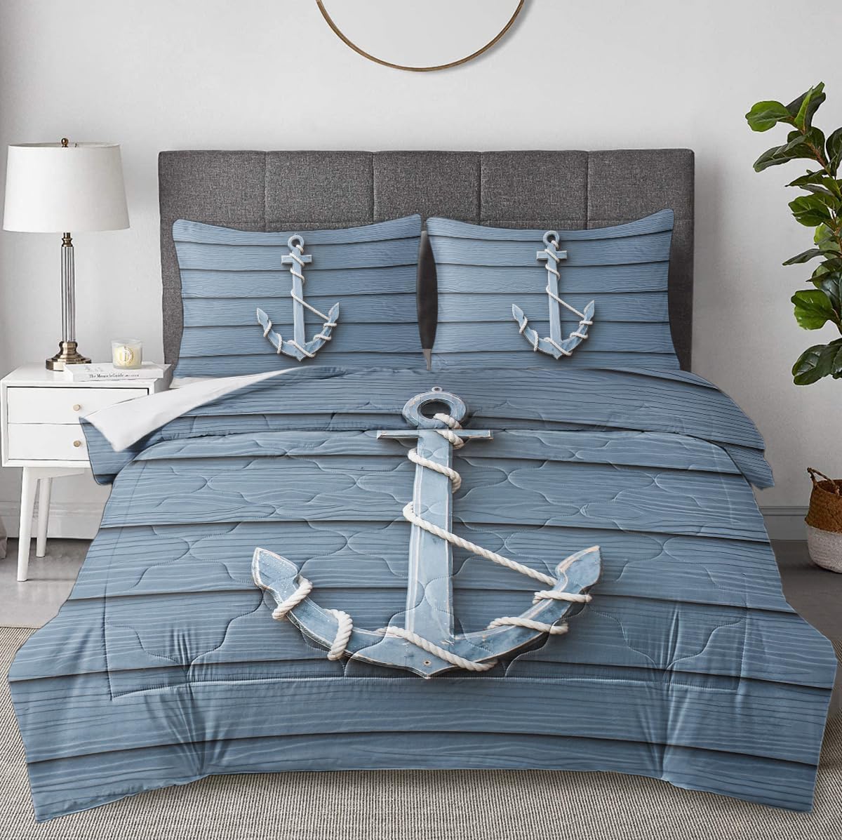 DECOVOGUE Anchor – Juego de edredón náutico para niños y niños, 3 piezas, juego de ropa de cama de playa azul vintage, juego de ropa de cama de