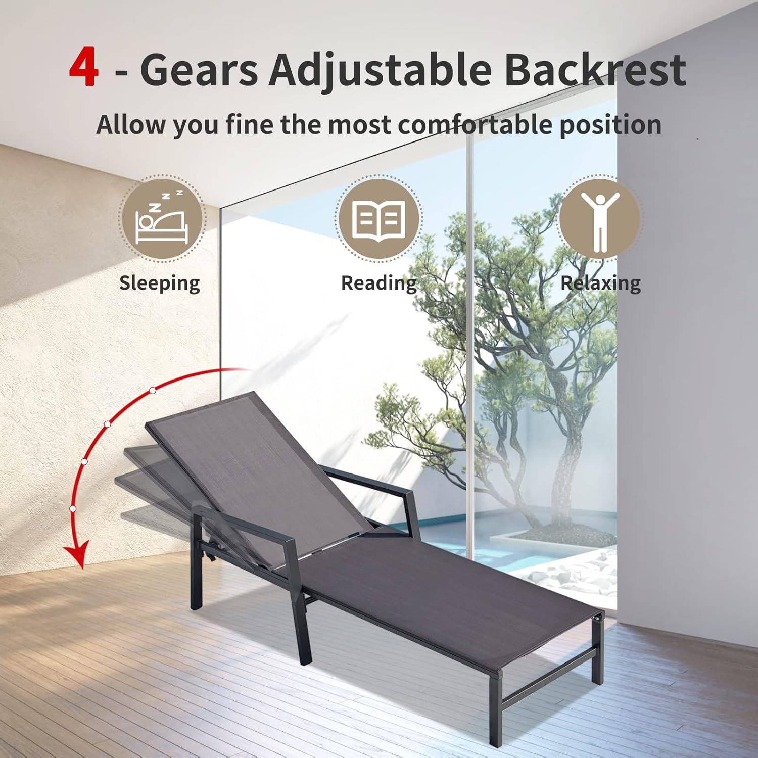 Juego de 2 tumbonas ajustables de aluminio para patio, reposabrazos con respaldo de 5 posiciones ajustables, silla reclinable para piscina,