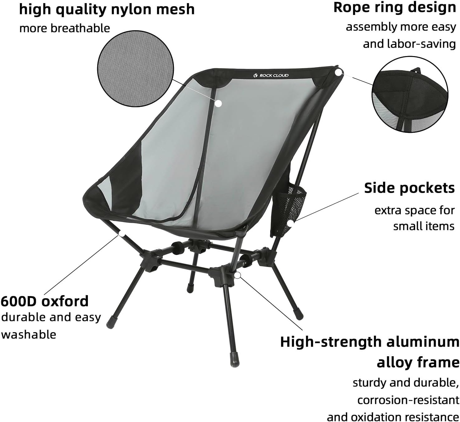 ROCK CLOUD Paquete de 2 sillas de campamento compactas portátiles y ultraligeras, sillas plegables de malla de nailon para campamento, senderismo,