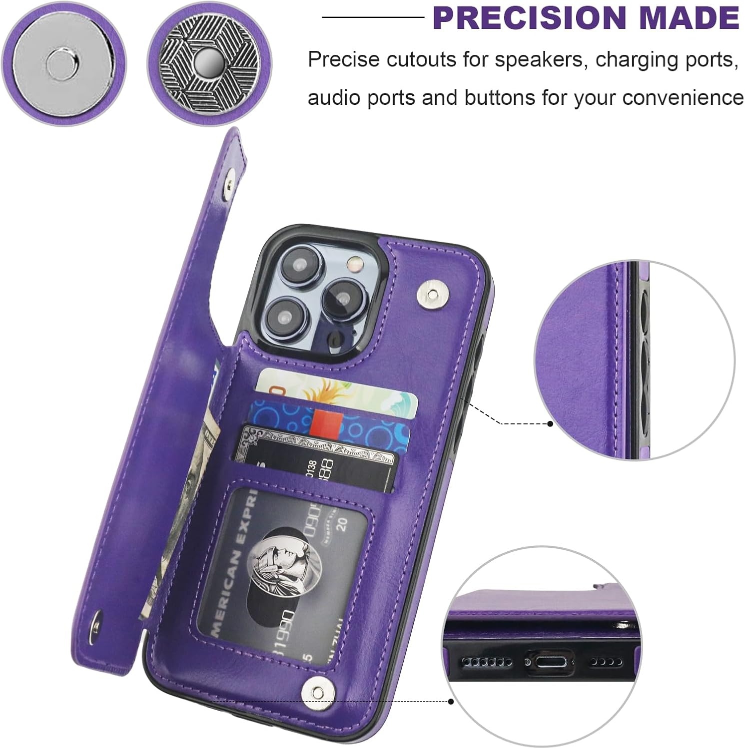 Funda tipo cartera compatible con iPhone 15 Pro Max con soporte para tarjetas, funda de piel sintética con ranuras para tarjetas, doble cierre