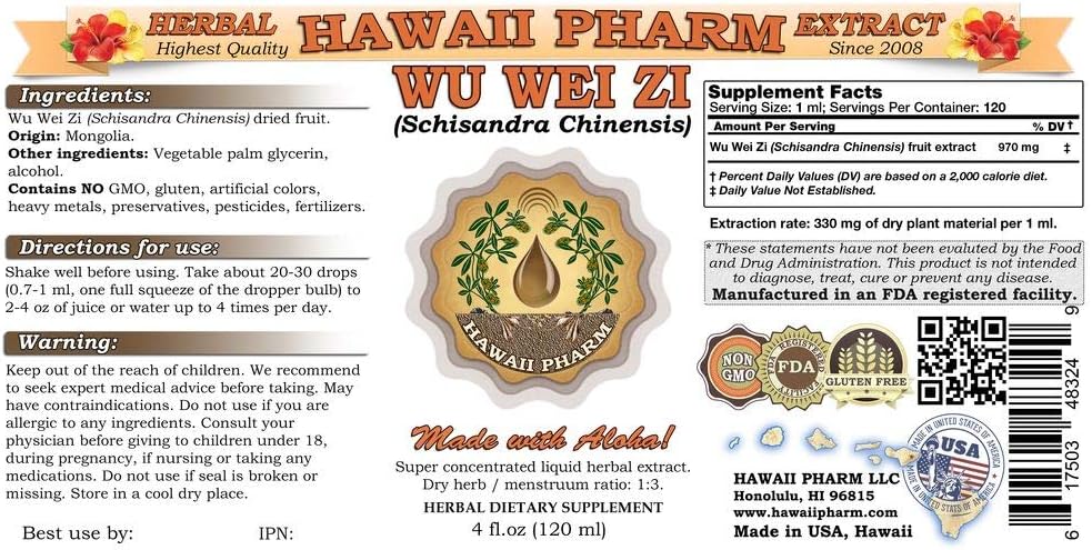 Hawaii Pharm LLC Wu Wei Zi, tintura de magnoliavina china (Schisandra Chinensis), extracto líquido de frutas secas, Wu Wei Zi, suplemento herbario