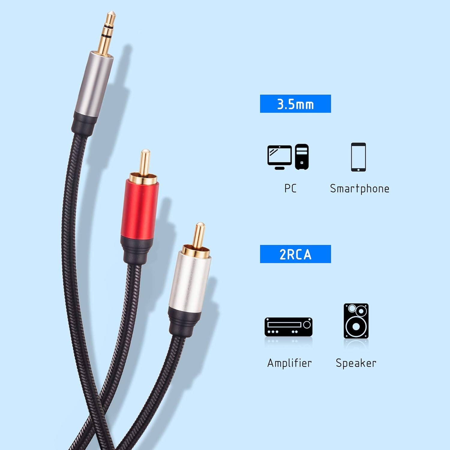 Cable RCA de 25 pies, 0.138 in macho a 2RCA macho, cable adaptador de audio estéreo de nailon trenzado, cable AUX RCA Y para teléfonos inteligentes,