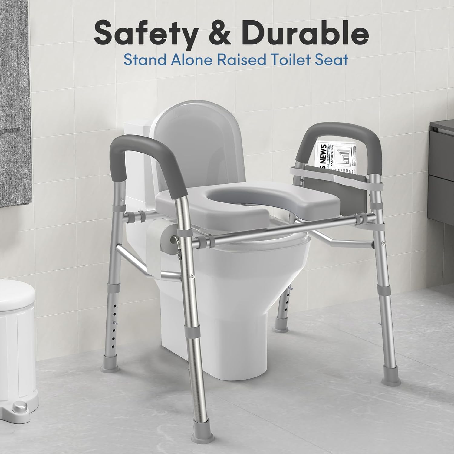 Asiento de inodoro elevado con asas, marco de seguridad médica resistente de 400 libras, asistencia de baño para personas mayores, discapacitados,