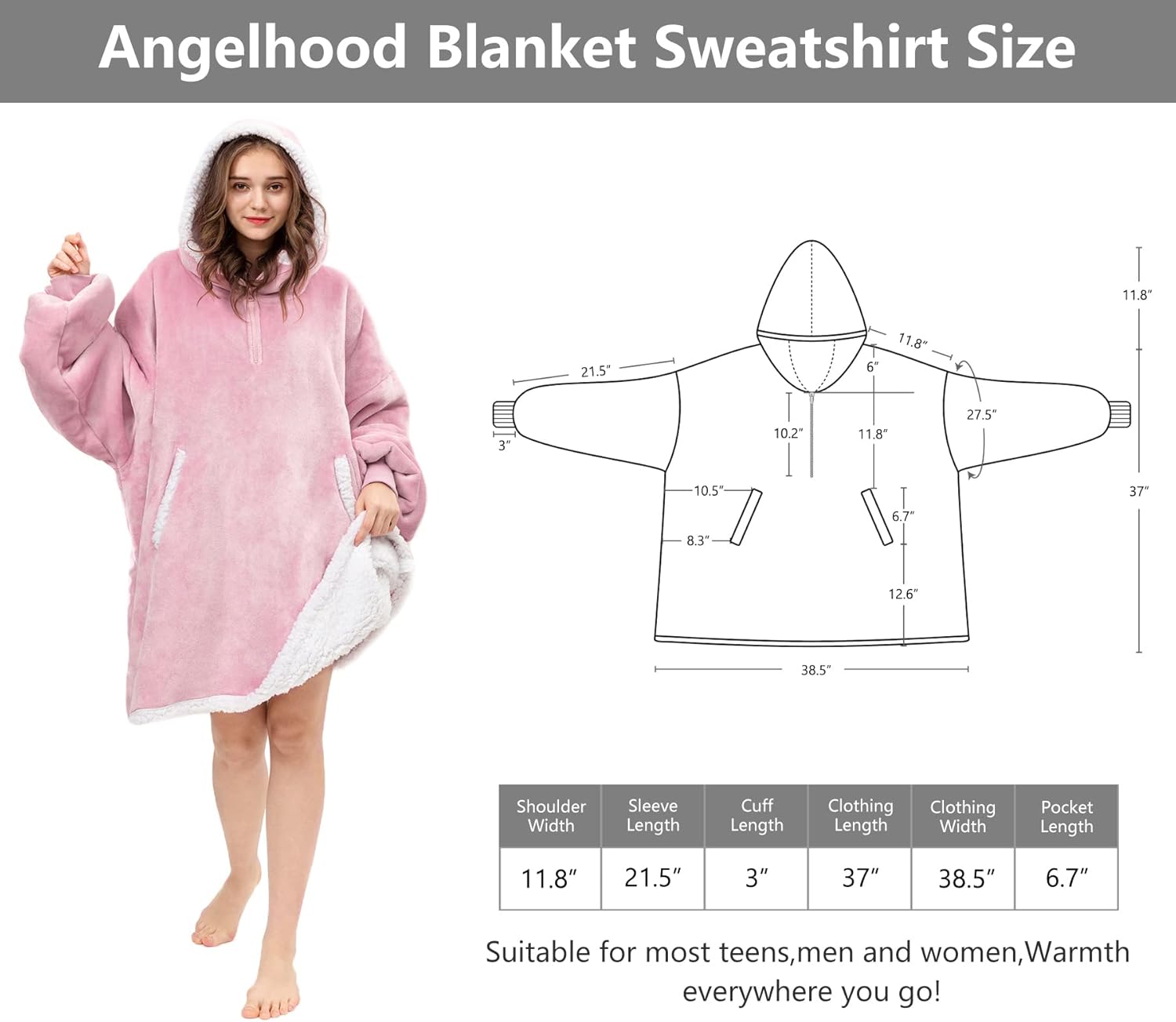 Angelhood Manta con capucha para llevar, supersuave, cálida y de gran tamaño, manta de franela Sherpa con bolsillo gigante para hombres, mujeres,