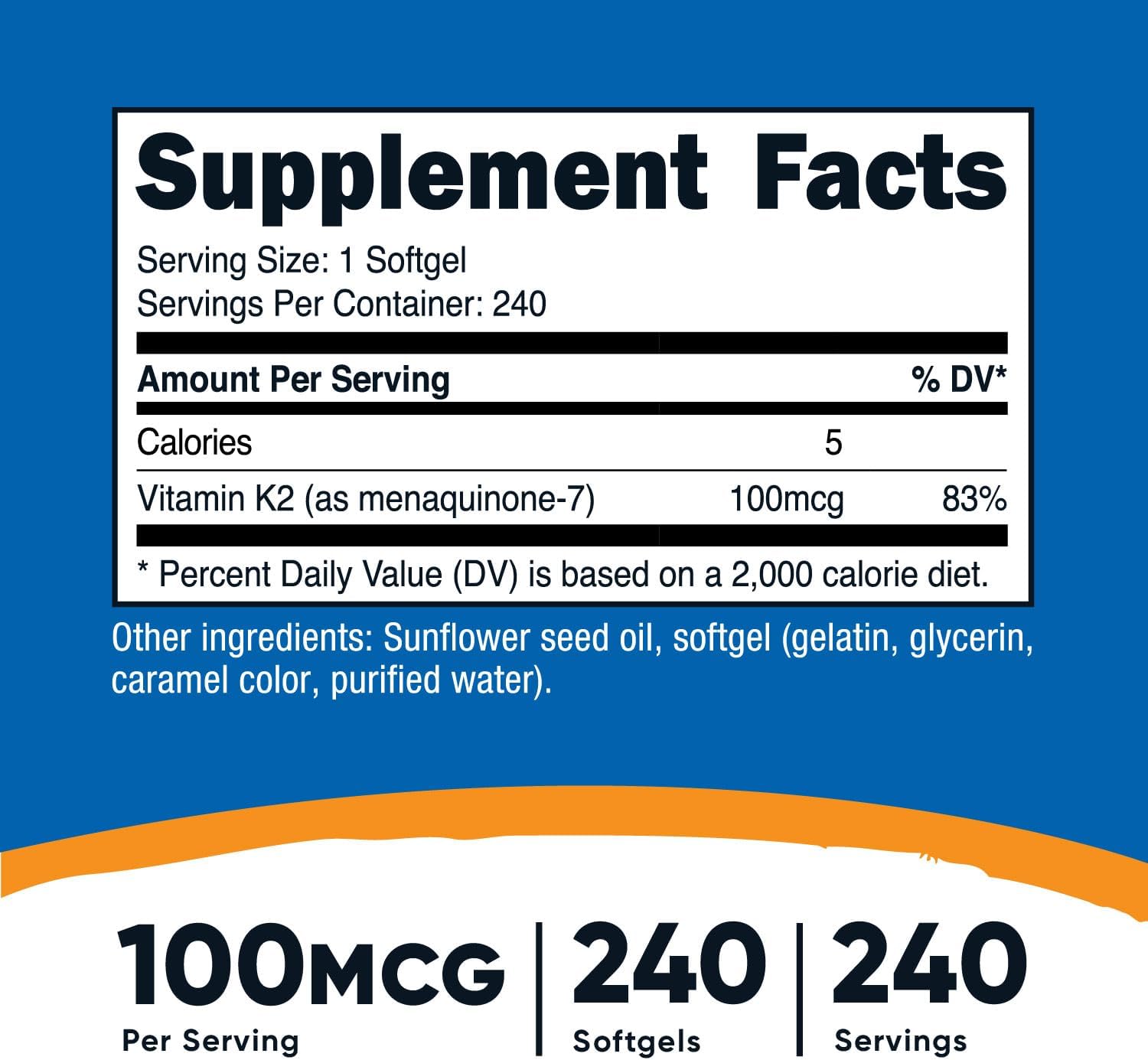 Nutricost Vitamina K2 MK-7 100 mcg 240 cápsulas blandas sin gluten y sin OMG MK7 - Imagen 3