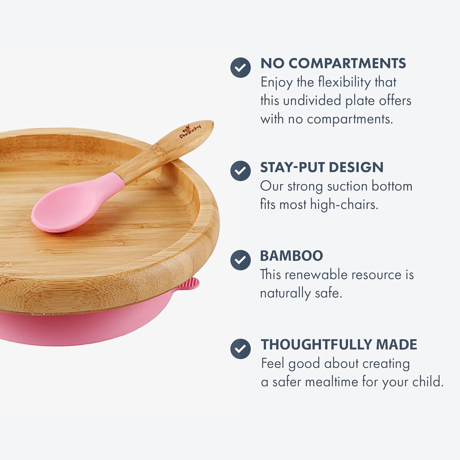 Avanchy Platos clásicos para bebés de bambú no divididos con succión para bebés y niños pequeños con cuchara de silicona para alimentación, color