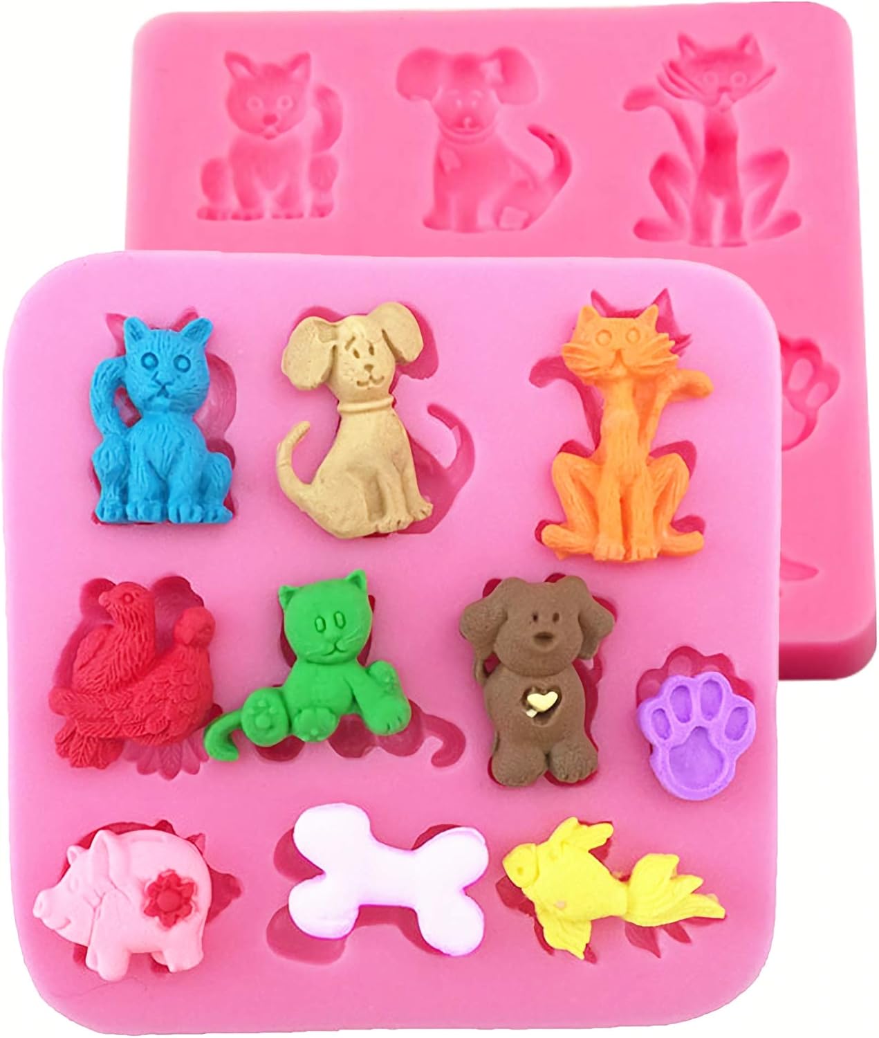 HengKe 2 moldes de silicona para gatos, perros y zorros, de varias formas de animales de dibujos animados, moldes de grado alimenticio para fondant,