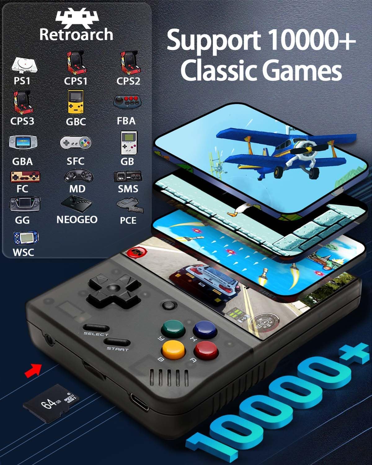 Miyoo Mini Plus, consola de juegos de mano retro con tarjeta TF de 64G, compatible con más de 10000 juegos, emulador de consola de juegos portátil