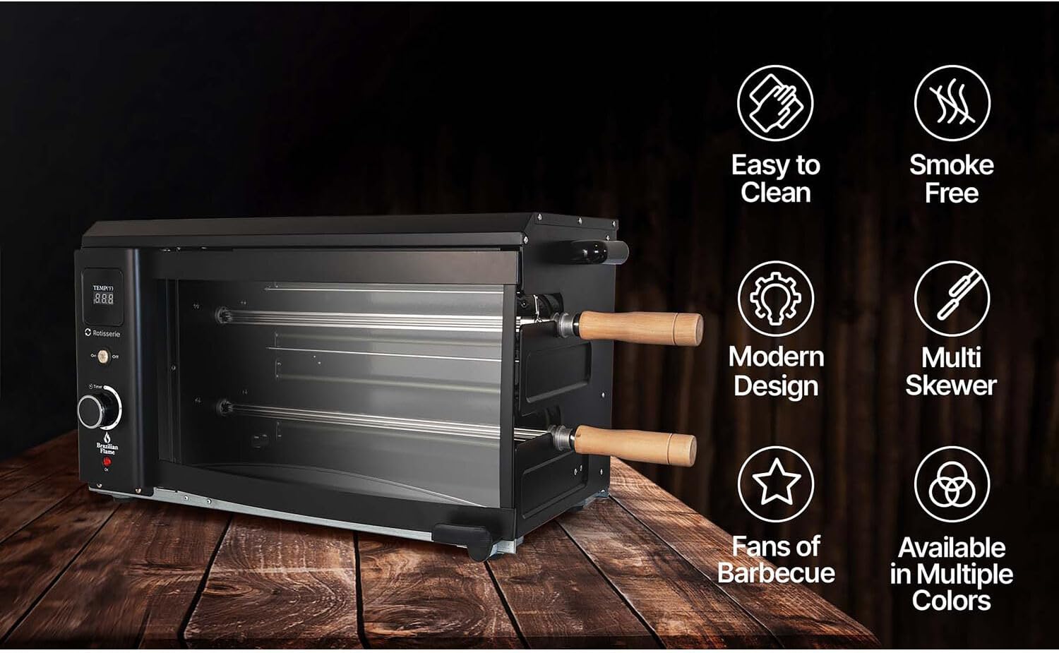 Brazilian Flame Asador de parrilla con 2 pinchos giratorios automáticos para interiores para pollo, filete, pescado, barbacoa de estilo brasileño,