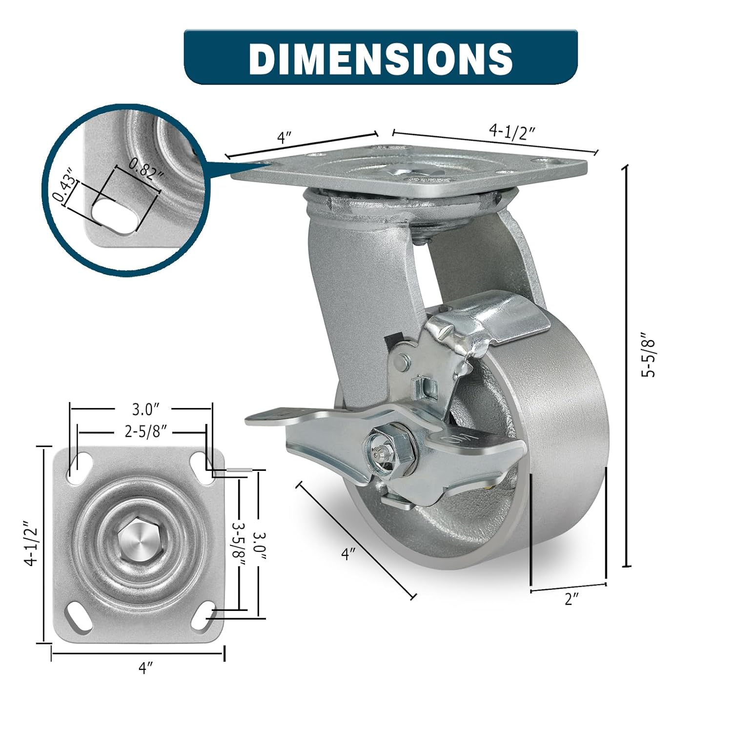 Ruedas giratorias de 4 x 2 pulgadas, ruedas industriales resistentes, ruedas de freno con rodamiento de rodillos, ruedas de hierro fundido