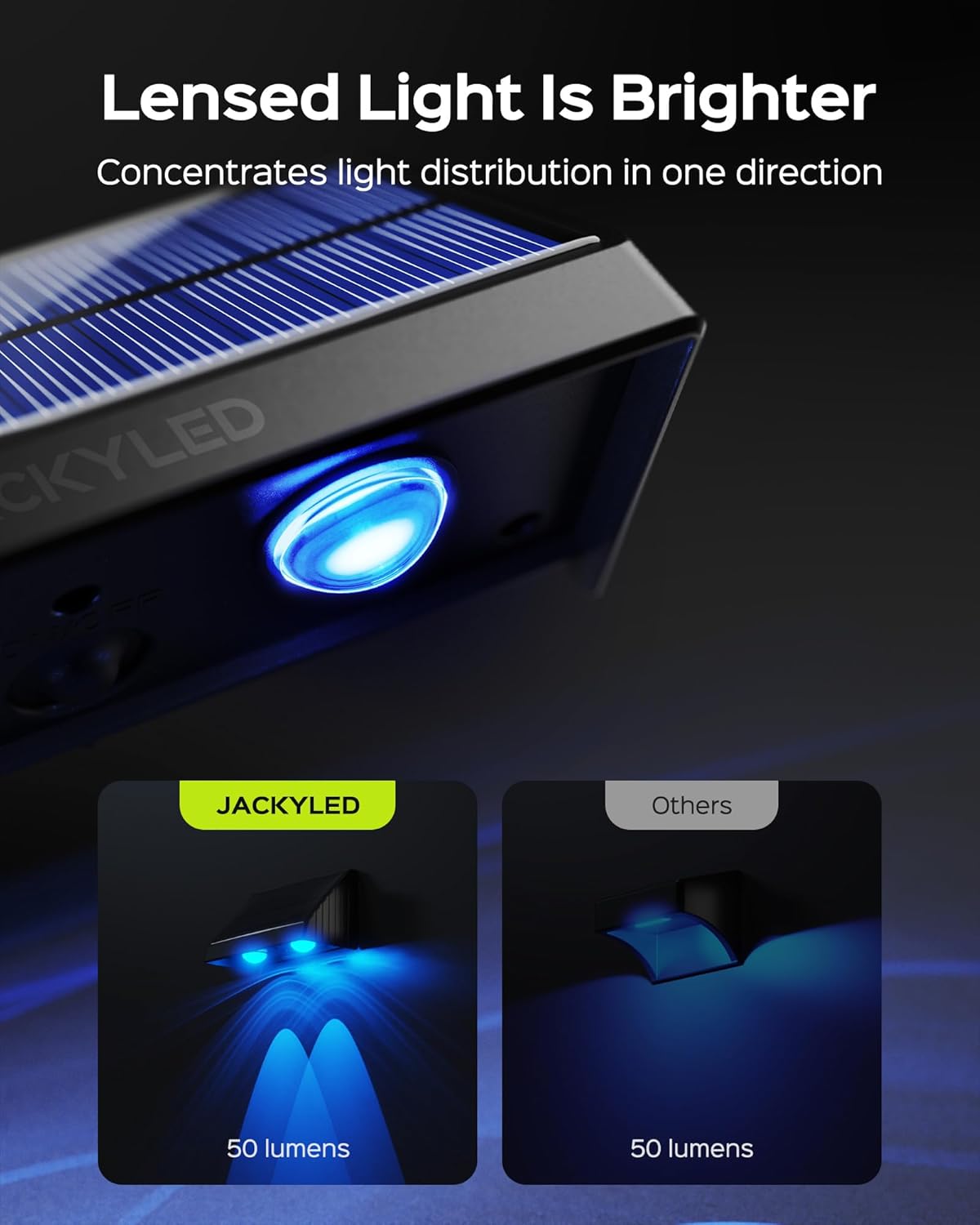 JACKYLED Luces solares para valla de 50 lm, luces solares de valla RGB blancas cálidas para exteriores, impermeables, con lente LED, luces de