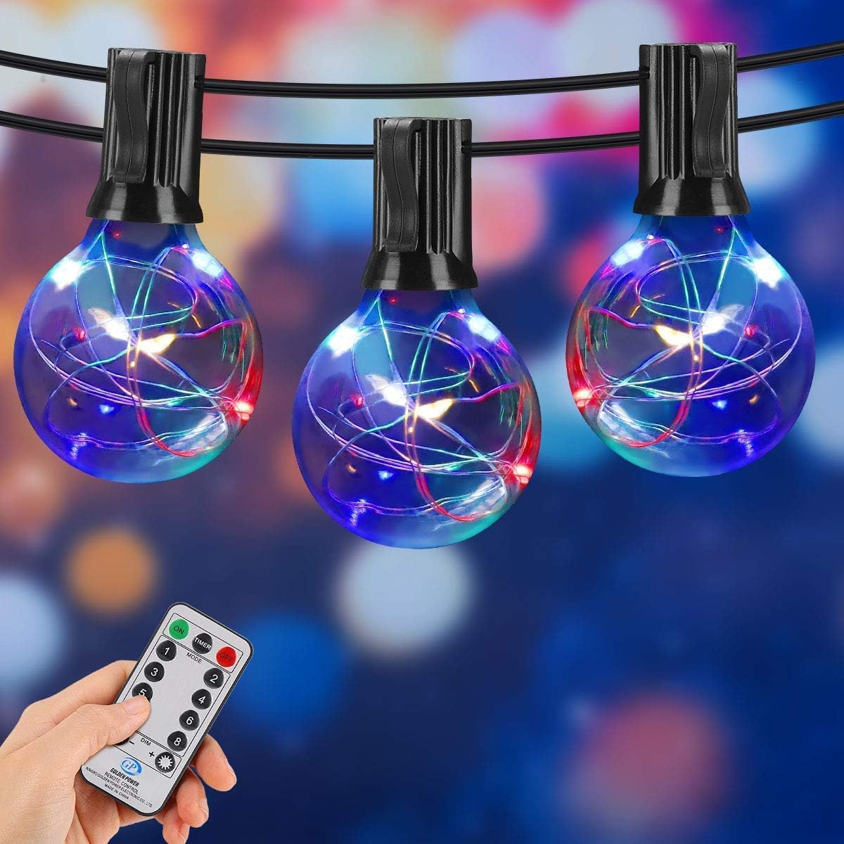 Cadena de luces para exteriores de 30 pies con 30 enchufes, bombillas LED RGB que cambian de color, inastillables, para patio, jardín (30 pies)