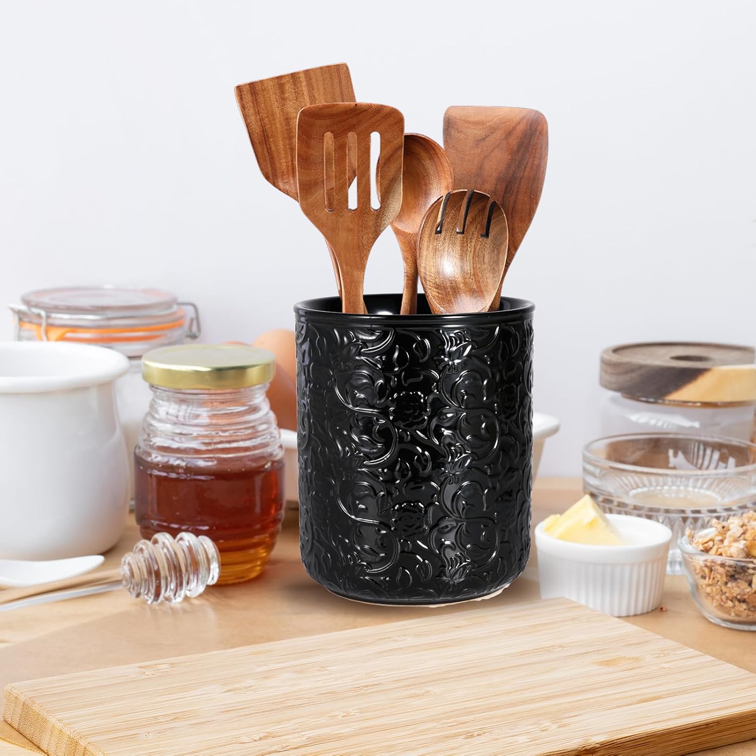 MEIGUI Soporte de cerámica para utensilios de cocina, soporte grande para utensilios de cocina con parte inferior de corcho de protección para