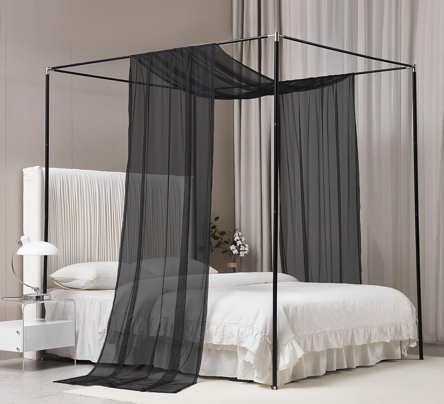 Akiky Cortinas de dosel para cama, toldos negros transparentes, cenefa, 1 panel de toldo, tamaño King, bufanda, cenefa para decoración del hogar