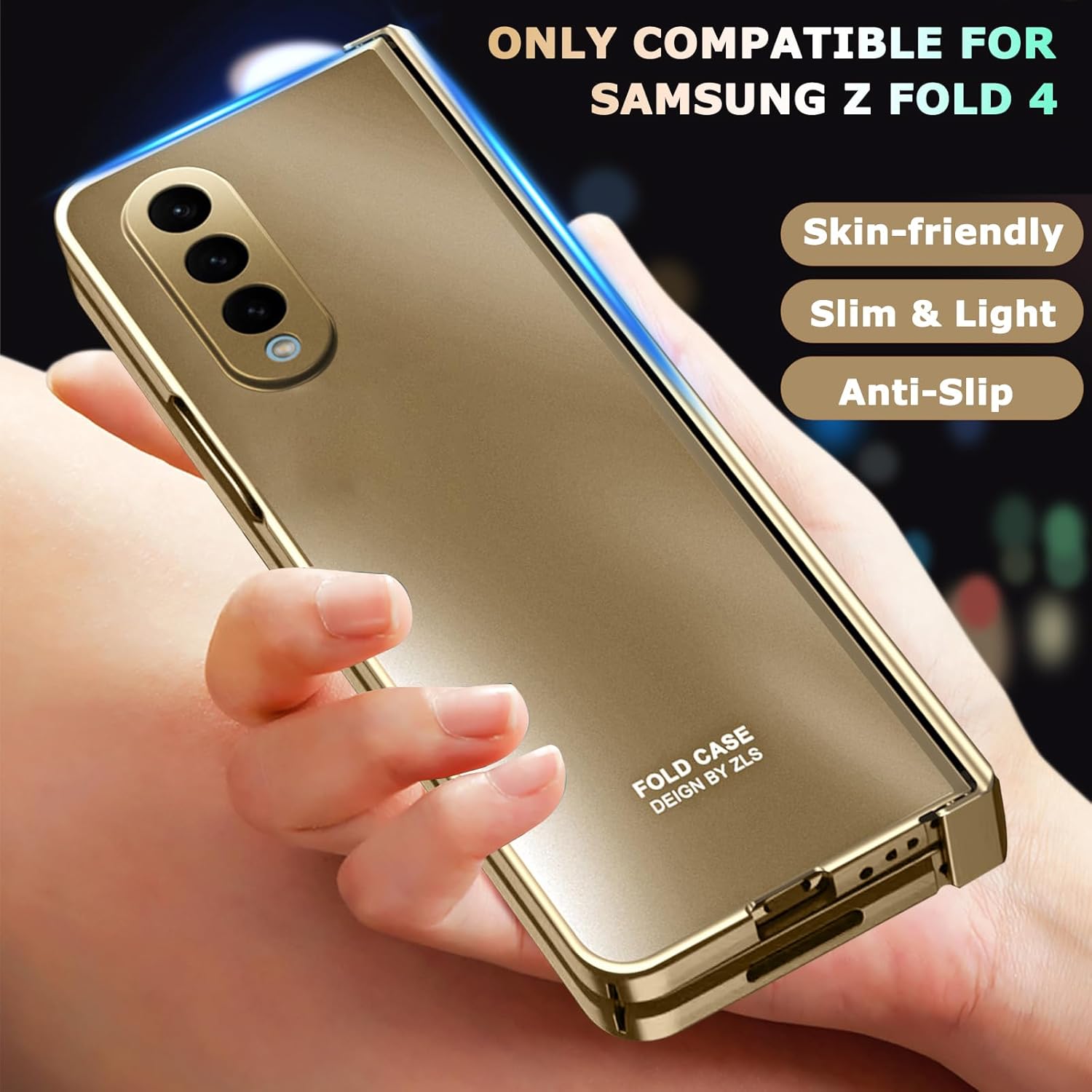 NINKI Funda compatible con Samsung Z Fold 4 de color dorado champán con protección de bisagra y textura de galvanoplastia, funda protectora de